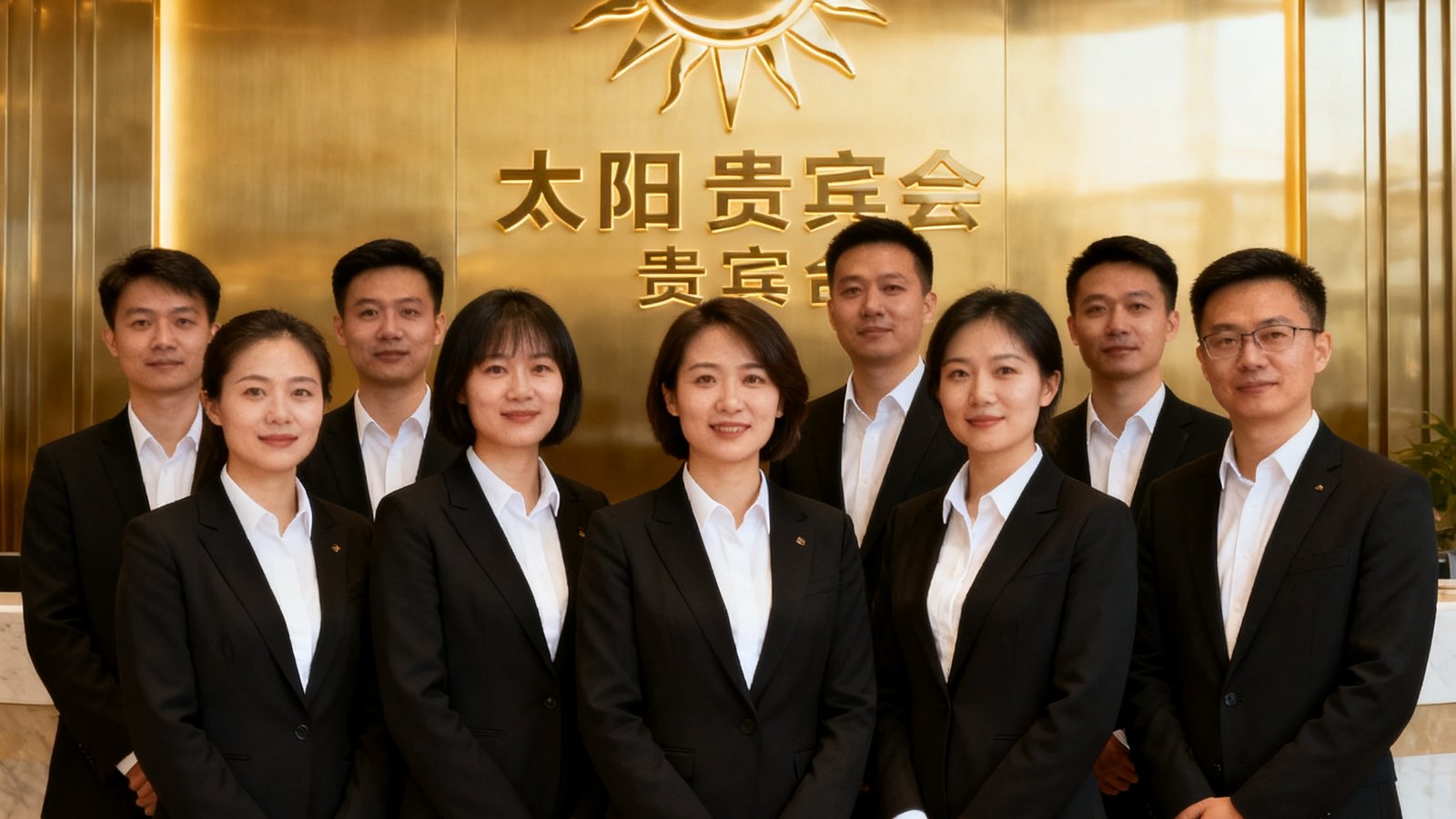 太阳贵宾会核心团队在贵宾厅前合影，背景为金色Logo墙，成员着装正式